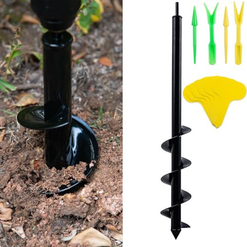 CHANGEMOORE 8X60cm Heavy Duty Auger Post Hole Digger with 2 Sets of Seedling Tool and 100Pcs Planting Labels, Auger Drill Bit Set, Fence Post Digger Tool, Garden Auger for Planting Bulbs Seedlings