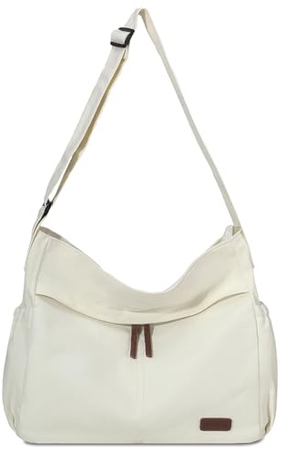 RAVUO Canvas Shoulder Bag, Große Messenger Bag für Herren und Damen Vintage Crossbody Tasche für Einkaufen Schule,Weiß