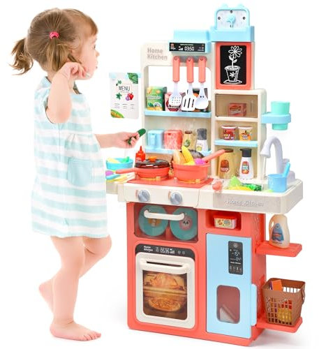 CUTE STONE Küchenspielset für Kinder, Spielküche mit Geräuschen und Lichtern, Kochherd, Dampf, Spielspüle und Spiellebensmittel, Kleiner Esstisch Großes Küchenset， Kitchen & Food Toys for Kids,Rosa