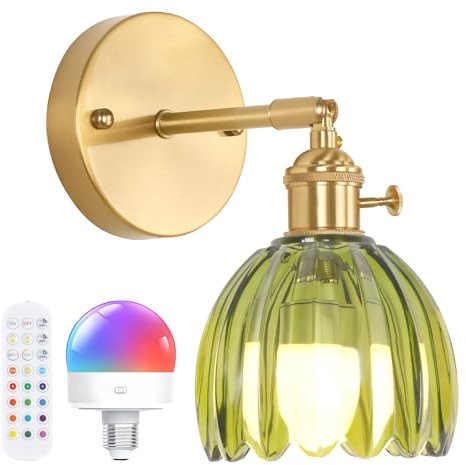 Shenmoyl Vintage Battery Operated Wall Sconce with Green Tulip Glass Lampshade Rechargeable Battery Powered Wall Light with Remote Control for Bedside Bedroom Doorway