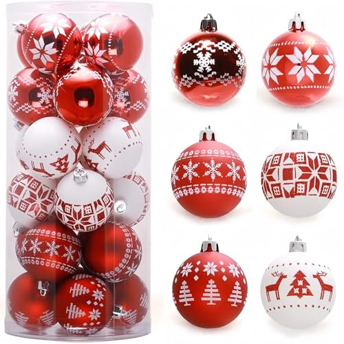 KAHEIGN 30 Pièces Boules de Noël, 6CM Rouge et Blanc Ornaments de Boules de Noël Boule à Suspendre Incassables pour Sapin de Noël Vacances Maison Noël Fête Décoration (6 Styles)