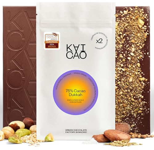 Kaicao Chocolate Negro 75% con Dukkah - Endulzado con Dátiles – Chocolate sin Azúcar Refinada - sin Lactosa, sin Gluten, Vegano – Cacao de Origen Kokoa Kamili, Tanzania - 2 x 70 gr