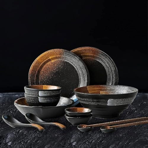 Juego De Vajilla De Cerámica De 38 Piezas Platos Llanos Tazones Platos Esmerilados Vintage Estilo Retro Japonés Ideal para Fiestas Familiares Color Negro Vajillas Completas Baratas