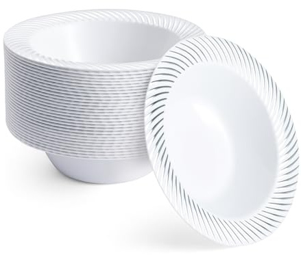 MATANA 40 Weiße Plastikschalen mit Silbernem Rand, Suppenteller, Suppenschalen (360ml) - Suppenschüssel für Hochzeiten, Geburtstage, Taufen, Weihnachten, Partys - Mehrweg & Stabil