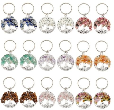 SUPERFINDINGS 36 Piezas de Llaveros 9 Estilo Árbol de la Vida con Piedras Chakra en Aleación con Anillos para Llaveros. Colgantes de Gemas Naturales Mixtas para Fiestas, Accesorios de Joyería y