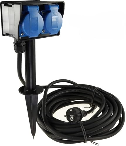 2-Fach Gartensteckdose mit Erdspieß und 10m Kabel, Witterungsbeständig, Spritzwassergeschützt, IP44, 230V~, 16A