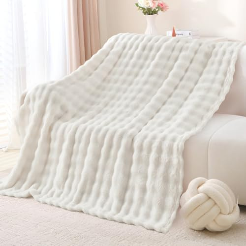 Sivlefoss Fleece-Überwurfdecke, Kunstfell, flauschig, weich, gemütlich, warm, große Decke für Bett, Sofa, Auto, 150 x 200 cm, Weiß