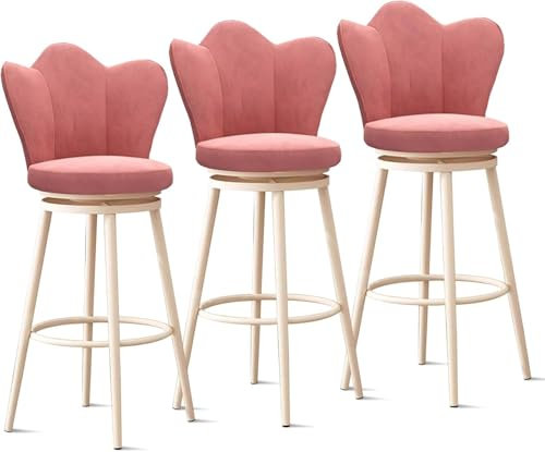 Rosafarbene gepolsterte Drehhocker mit weißen Metallbeinen, niedrige Rückenlehne, Küchen-Barhocker für Zuhause, Bar, Esszimmer und Kneipe, 65 cm Höhe