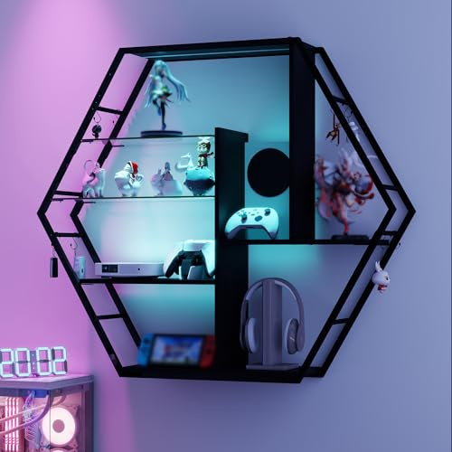YU YUSING Étagère Vitrine Murale Hexagone LED RGB 7 Couleurs, Bibliothèque | 2 Plateaux Verre Trempé, 8 Crochets, Vitrine pour Collection Figurines Manga, Deco Chambre Ado, Bar, Rangement Setup Gamer
