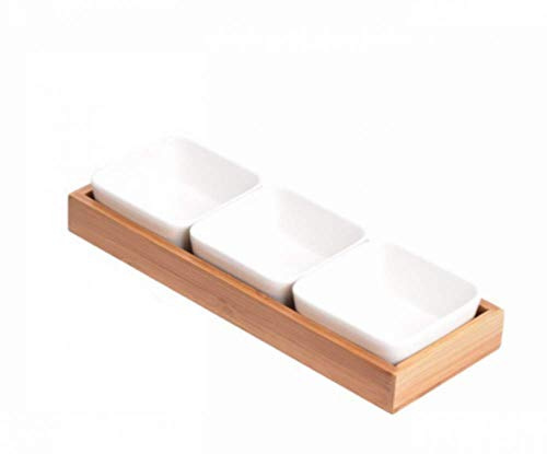 ZHZXBDGQ Snack Bowls Ceramic Tray Bamboo Sauce Dish Fashion Crockery with Bamboo Tray, Birthday Parties, Weddings, Barbecues, Ideal for Dips, Appetisers & Snacks-3 grids