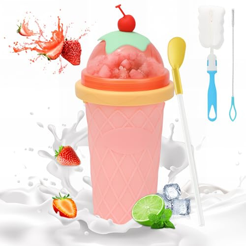 Bugucat Slush Mug, Slush Ice Maker 350ml Silicone Squeeze Cup 2-in-1 Straw, Pink