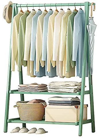 Freistehende Bodengarderobe mit Spiegel, Kleiderständer aus Bambus, offener Kleiderschrank mit Kleiderstange, freistehende Garderobe für das Schlafzimmer mit Schuhregal für Kleidung