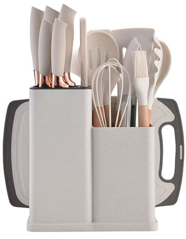 Juego de utensilios de cocina de silicona de 19 piezas, espátula antiadherente for cocinar, con cubo de almacenamiento y combinación de cuchillos, 6 colores(Beige)