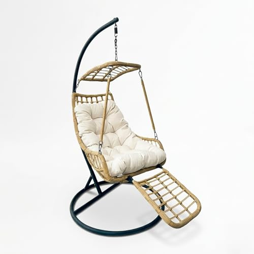 YOEVU - Silla Colgante con Soporte | Reposapiés Integrado | Estructura de Acero Reforzada | Cojín Acolchado Ergonómico | Diseño Boho para Interior y Exterior | Grande | Acero Aleado | Beige