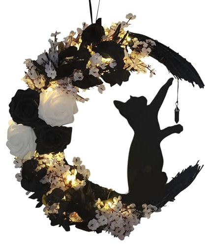 Halloween-Katzen-Türkranz - Haustür-Wand-Katzenkranz, Wandblume Mondkranz Halloween Türdekoration,Sammelornament Für Den Innen- Und Außenbereich, Saisonale Dekoration Für Die VERAND, Ausstellungsrega
