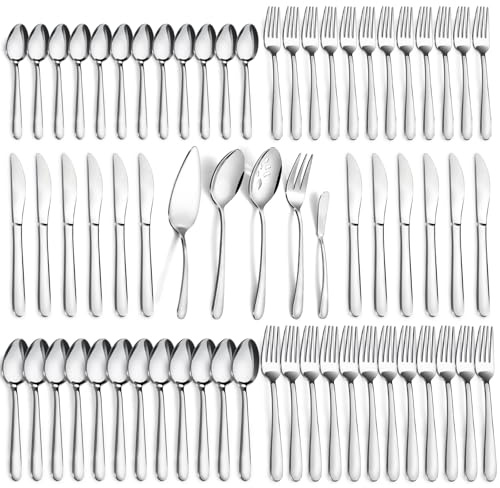 Pleafind 65-Pieces Silverware Set for 12 with 5 Serving Utensils,Stainless Steel Cutlery Set, Include Forks Spoons and Knives Set, Mirror Polished Utensil Sets for Home Restaurant,Dishwasher Safe