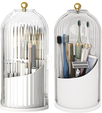 Winuoyang Makeup Brush Holder Organiser with Lid, 360° Rotating Brushes Container Acrylic Cosmetic Storage Box for Vanity Bedroom Bathroom Dressing Table (White)