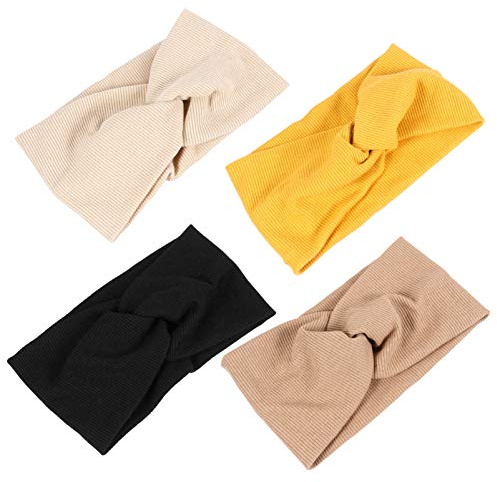 NIYANGLE 4 Stück Teiliges Yoga Haarband Breites Leichtes Stirnband für Damen in Schwarz Beige Senfgelb und Khaki Elastisches Haaraccessoire für Verschiedene Frisuren Rutschfest und