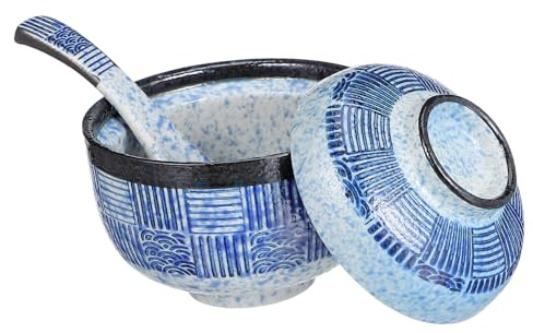 VALICLUD Japanische Keramik Kreative Blaue Miso Schale Suppenschüssel mit Deckel und Löffel Praktische Hitzehaltende Servierschüssel im Satz für Zuhause und Buffet