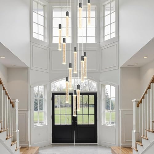 RuiRfh Großer Kristallkronleuchter Wendeltreppe Pendelleuchte LED Blase K9 Kristall langer Lichtbalken moderne Deckenbeleuchtung dimmbar runde Hängelampe Eingang Treppenhaus Foyer Villa