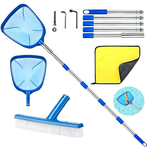 HEYIDAMAI Pool Kescher, Pool kescher Feinmaschig 225cm Lang, Pool Kescher Fein 14cm Tief, Bodenkescher Pool, Laubkescher Pool, Pool Reinigungsset mit Pool Bürste und Putztüche, für Schwimmbad,Teich