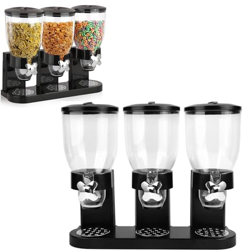 Kytree Cereal Dispenser Countertop, 2L Triple Indispensable Dry Food Dispenser Snack Organizer Containers Storage for Rice, Grains, Nuts, Snack,Oatmeal, Pet food, Black