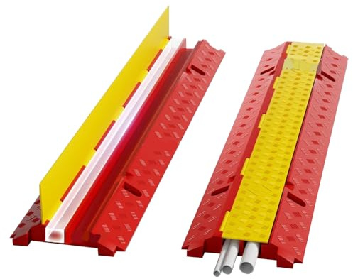 Cache Passe Cable Exterieur 2 Canaux, Gaine PVC avec Épissure, Passage de Cable au Sol Rampe de Antidérapante, pour Parking et Industrie(Red,5x20x100cm/1.9x7.8x39in)