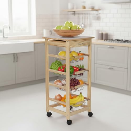 INDE MOBLEKIT | Carrito Auxiliar con Ruedas 4 Estantes con Cajón, Verdulero de Cocina en Madera Natural, Verdulero con Cajones Metálicos, Mueble Auxiliar de Cocina para Alimentos y Frutas