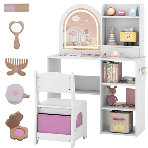 LIFEZEAL 2 in 1 Schminktisch Kinder Set, Frisiertisch mit abnehmbarem Spiegel, Kinderschminktisch mit Schublade & Hocker, Frisierkommode mit Zubehör für Mädchen ab 3 Jahren (Weiß)