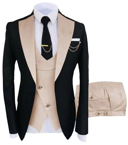 Herrkostym 3-delad Slim Fit Smoking Bröllopsmiddag Dubbelknäppt Kavaj Väst Byxset Stora och långa kostymer för män Beige Mellan