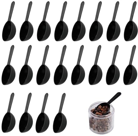 HARY Juego de 20 cucharas medidoras de plástico, cucharas pequeñas negras para café, leche en polvo, té, proteína en polvo, cucharas medidoras fáciles de reutilizar, para líquidos, polvos, gránulos