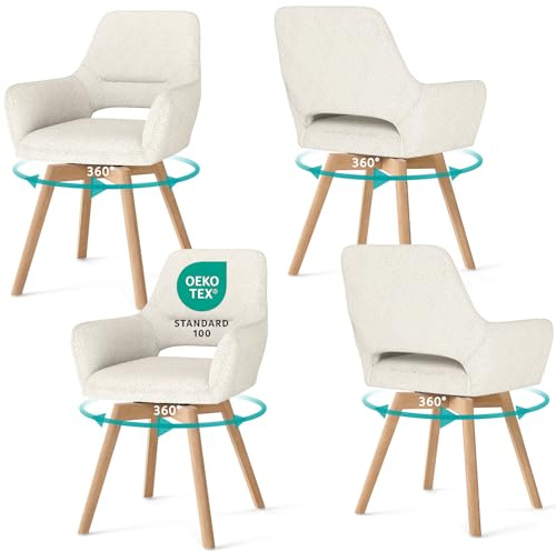 WAFTING 360° Esszimmerstühle Drehbar 4er Set mit Armlehnen, Buchenbeinen | Polsterstühle, Drehstuhl Esszimmer, Küchenstuhl Drehbar, für Wohnzimmer, Schlafzimmer, Arbeitszimmer, Empfangszimmer, Beige