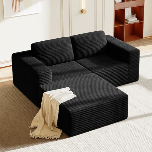 Vesgantti Modulares Cord-Ecksofa in Schwarz, 202 cm L-Form mit beweglicher Ottomane, Federkern und extra tiefer Sitzfläche, Flexibles Design für kleine Räume, Rutschfester Boden, kein Aufbau nötig