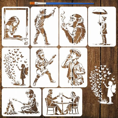 FINGERINSPIRE 9 Stück Banksy Muster Malschablonen Mit Pinsel 29.7x21cm Große Schablonen In Zwei Ausführungen Mensch & Orang Utan Silhouette Graffiti Schablone Im Banksy Stil Zum Bemalen von Holz