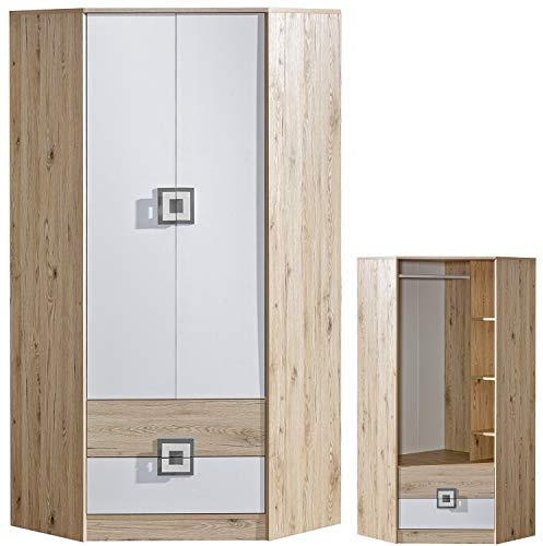 Furniture24 Eckkleiderschrank NICO 02, Eckschrank, Drehtürenschrank, Schrank mit 2 Schubfächern, 3 Einlegeboden und Kleiderstange (Hell Eiche/Weiß/Grau)