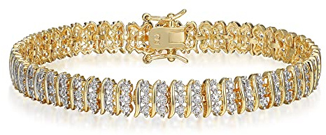 Amazon Essentials Fine Silver Over 18K Gold Tone S Shape Link Triple Row 0.005 cttw Diamond Accent Tennis Bracelet, 7.25 (previously Amazon Collection)