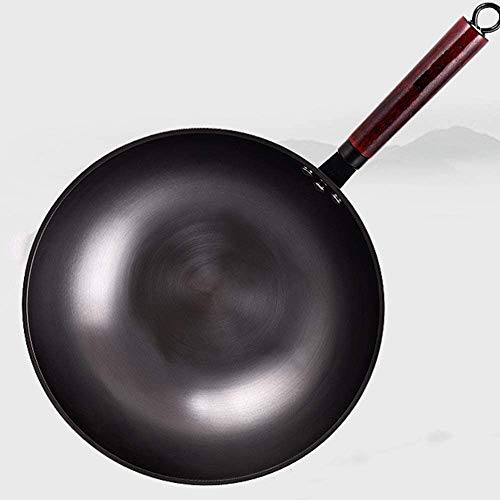 SMSOM Wok de acero al carbono y sartén con sobresaliente, hierro fundido sin sartén de wok químico, 12.5 pulgadas, bandeja de fritura profunda, gran sartén de wok de cocina negra