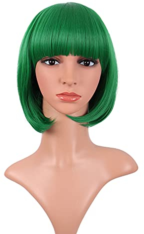 MapofBeauty 12 Pouces/30 cm Court Bob Droit Synthétique Flat Frange Heat Résistant Ordinaire Perruque (Herbe Vert)