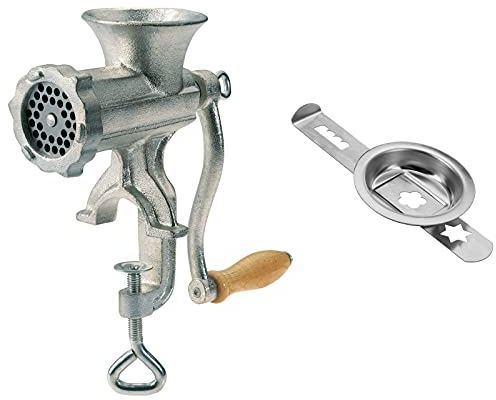 Westmark Set Hachoir à Viande, 2 pièces, 1 Hachoir à Viande + 1 Accessoire pour Pâtisserie, Taille 5, étau pour Montage sur Table inclus, Fonte d'acier étamé/acier inoxydable/bois, argenté, 975022E6