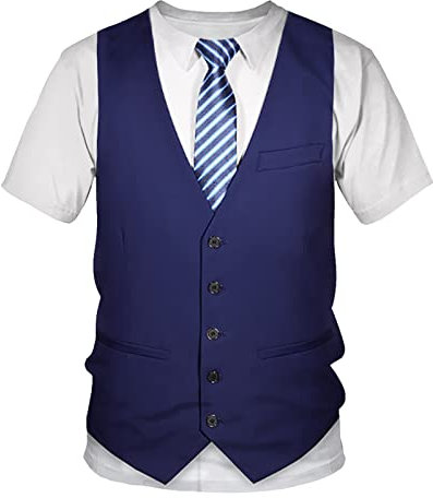 Agoky Jungen Kurzarm Shirt Rundhals T-Shirt Tee mit 3 D Druck Gefälschte Anzugweste und Krawatte Festlich Party Hochzeit Gentleman Outfits Blau 140-146