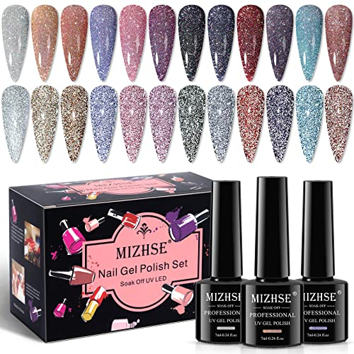 MIZHSE UV Nagellack Glitzer, 12 Farben Bunter Reflektierendes Funkelnder Gel Nagellack Glitzer Glänzender Diamant Gel Gold Sparkly Gels Nail Polish für Nageldesigns Nail Art Starter Kit 7ml 12ER Pack