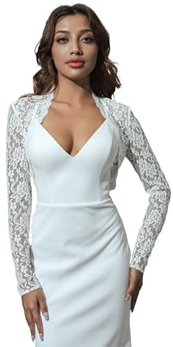 Unsutuo Spitze Bolero Shrug Abend Häkelspitze Offene Strickjacke Party Damen Langarm Shrugs Brautjacke für Hochzeitskleid, Weiß, 42-44