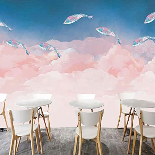 Vlies Fototapete Rosa Wolke Tierfische 3D Effekt Vlies Tapeten Wandtapete XXL Moderne Wanddeko Wohnzimmer Schlafzimmer Büro Flur 450 cm B x300 cm H