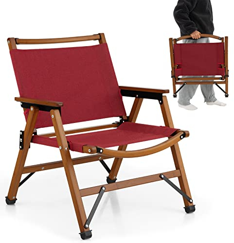 KOMFOTTEU Gartenstuhl klappbar, Klappstuhl aus Bambus, Campingstuhl bis 150 kg belastbar, Strandstuhl tragbar 65 x 55.5 x 54cm, Faltstuhl & Angelstuhl für Balkon, Garten Terrasse, Rot