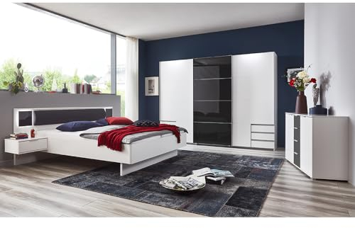 Lomadox Schlafzimmer Set 3-teilig mit Bett 160x200, LED-Beleuchtung, Schwebetürenschrank 273cm mit Passepartout, Kommode in weiß mit Graphit