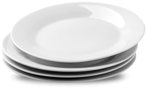 fMBB 4-Piece Salad Plates Set, 8 inch Ceramic Lightweight Round Plate Dessert Dish, Smooth Glaze - White Modern Dinnerware Set for Kitchen Serving