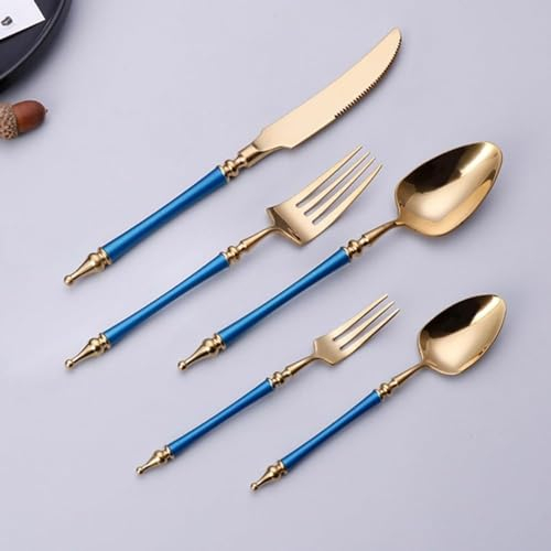 Light Luxury Legendary Roman Pillar Handle Kitchen Stainless Steel Silverware Tableware Flatware Cutlery Set Steak Knife Fork Spoon Teaspoon (Blue Gold,20 Pieces)