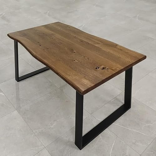 SEART Esszimmertisch ROMANTEKA, massiver Esstisch aus Eichenholz, Baumkantentisch, Metallbeine Schwarz (80x120 cm, Öl braun)
