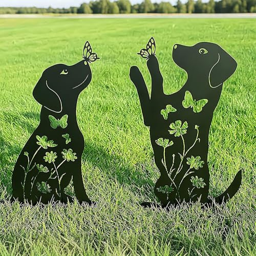 Lot de 2 décorations de jardin en métal avec silhouette de chiot noir | Statues d'animaux creuses - Décoration murale pour terrasse, pelouse, jardin, cadeau pour amoureux des chiens