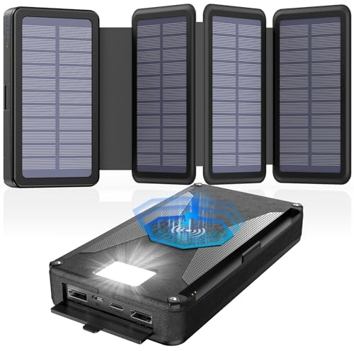 Betterie Externe Solaire 30000mAh,Chargeur Solaire étanche avec 4 Panneaux solaires et 2 Sorties, USB C Solaire Power Bank Chargeur Portable pour Le Camping en Plein air, pour téléphone Portable